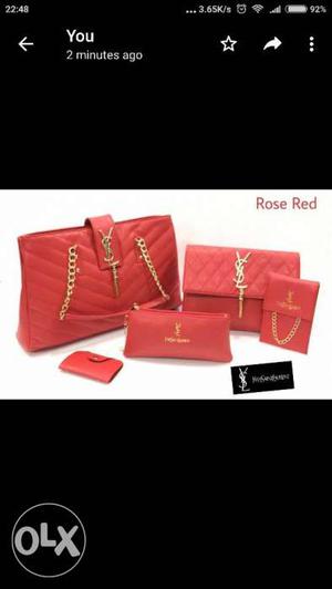 Rose Red Leather Saint Yves Lauren Bag Set
