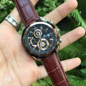 Round Black Casio Edifice Chronograph Watch With Brown