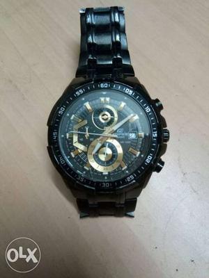 Round Black Casio Edifice Chronograph Watch With Link Band