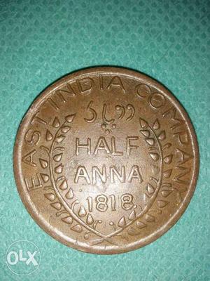 Round Copper Hlf Anna  Indian Coin