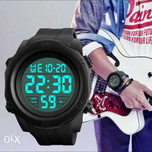 Round Digital Watch With Black Band Strap