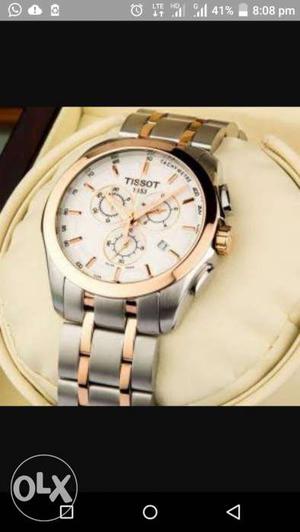 Round Gold-colored Tissot Chronograph Watch With 2-tone Link