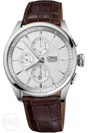 Round White And Silver Oris Chronograph Watch With Brown