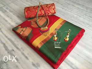 Tussar silk with jacquard blouse with jewellery