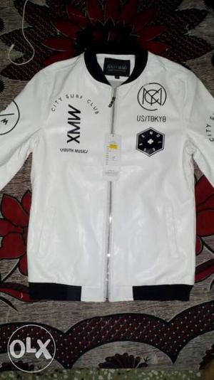 White And Black Leather Zip-up Jacket(M Size)
