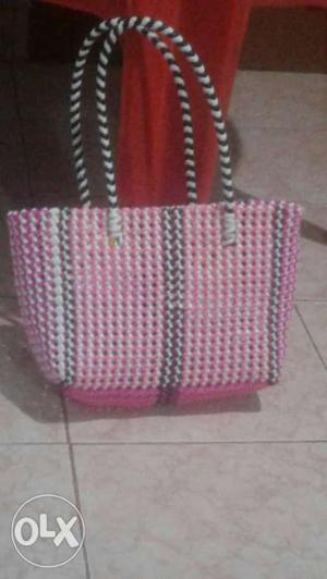 White And Pink Knitted Tote Bag