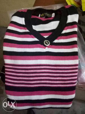 White, Pink, And Black Horizontal-striped V-neck Shirt