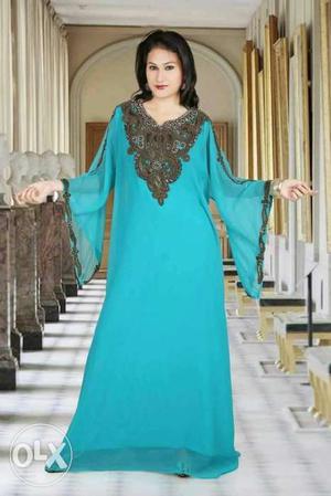 Women's Blue And Brown Floral Long-sleeved Traditional Dres