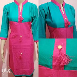 Women's Blue And Pink 3/4 Sleeve Dress