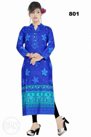 Women's Blue And Teal Long-sleeves Dress