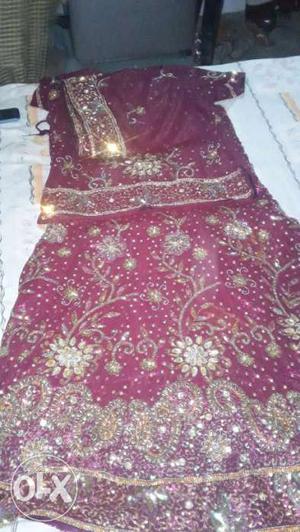 Women's Maroon And Gold Floral Sari Dress