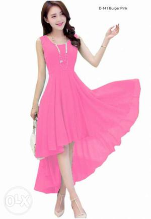 Women's Pink Scoop-neck Sleeveless Hi-low Dress