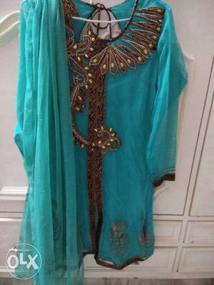 Women's Teal And Brown Floral Long-sleeved Dress