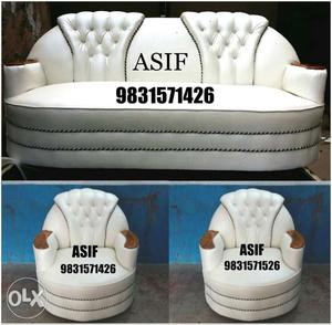3-piece Tufted White Leather Sofa Set Photo Collage