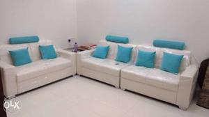 3-piece White And Teal Leather Sofa Set