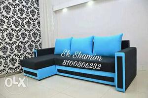 Black And Blue Leather Corner Sofa