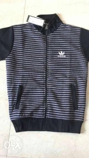 Black And Gray Striped Adidas Zip-up Shirt
