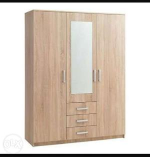 Brown Wooden 3-door Wardrobe With Mirror And drawer Chest