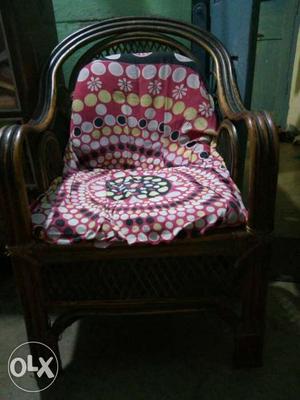 Brown Wooden Framed Red And White Floral Padded Armchair