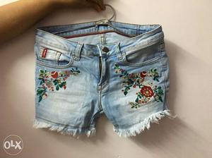 Faded Blue And Red Floral Denim Short Shorts