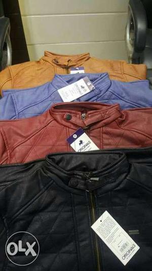 Four Brown, Blue, Beige, And Black Leather Zip-up Jacket
