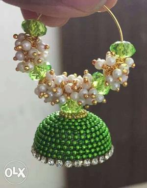 Green And White Pearl Jhumka Earring