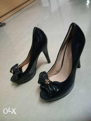 Pair Of Black Leather Peep-toe Platform Stilettos
