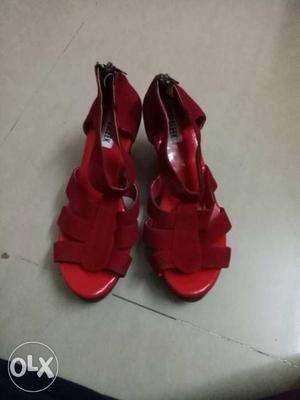 Pair Of Red Leather Open-toe Heeled Sandals