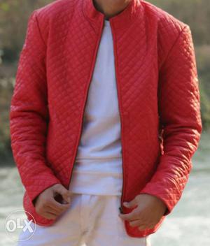 Quilted Red Leather Zip-up Jacket