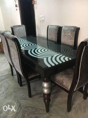 Rectangular Brown Wooden Table With Six Chairs Dining Set