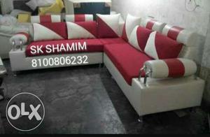 Red And White Leather Rolled Arm Corner Sofa