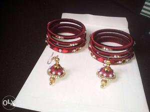 Red-and-beige Silk Thread Bangles And Jhumka Earrings Set