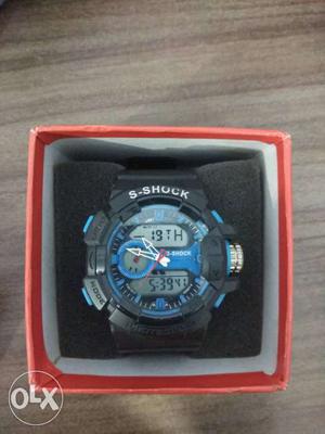 Round Black And Blue S-Shock Digital Watch With Box