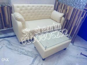 Tufted Backrest Beige Leather Sofa And Coffee Table