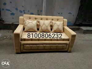 Tufted Beige Fabric Sofa With Three Pillows