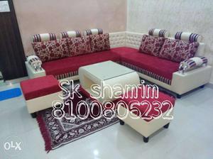White And Red Sectional Couch With Ottoman