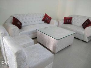 White Fabric Sectional Sofa With Ottoman