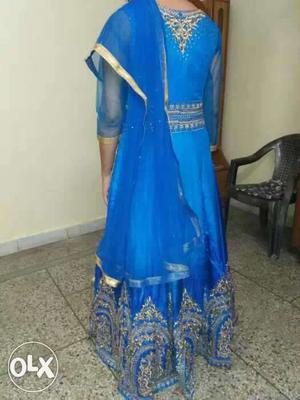 Women's Blue And Gold Sari Dress