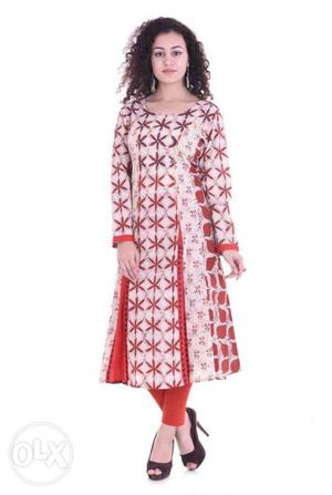 Women's Red And White Floral Long-sleeved Salwar Kameez