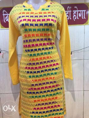Women's Yellow, Red And Green Printed Long-sleeved Dress
