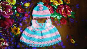 Baby's Pink, And Blue Knitted Dress