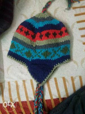 Blue, Green, And Red Knit Cap 100%woolen