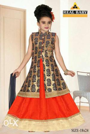 Girl's Beige And Orange Sari
