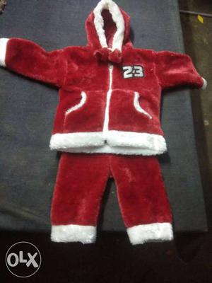 Red Santa Clause Zip-up Hoodie And Pants Set