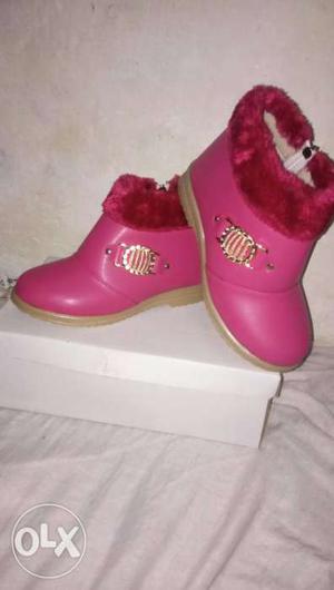 Toddler's Pink Leather Side-zip Fur-trim Snow Boots With Box