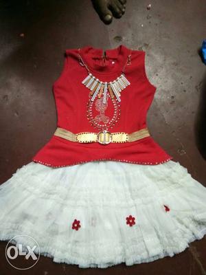 Toddler's Red And White Sleeveless Dress