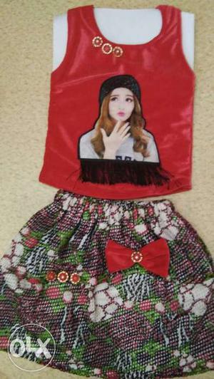 Toddler's Red Printed Tank-top And Mini Skirt
