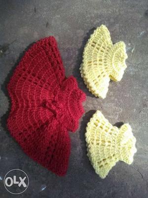 Two Yellow And One Red Knitted Textiles