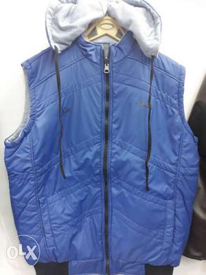 Blue Leather Full-zip Vest