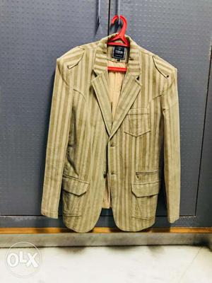 Brown Pin-striped Notch Lapel Suit Jacket